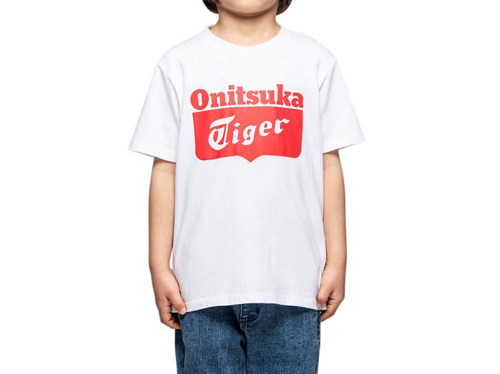 Onitsuka Tiger Logo-T-Shirt Kinder echtes Weiß/Feuerrot 8X88677 Kleidung